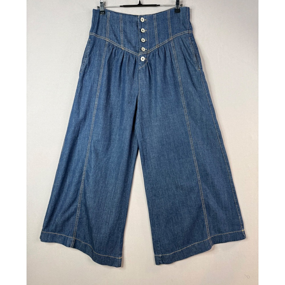 Umgee Wide Leg Chambray Pants Women L Dark Blue Yoke Waist Button Front NEW